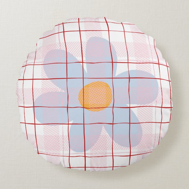 Modern scottish pattern with floral Blue pink Round Pillow (Front)