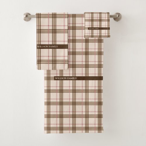 Modern Scottish plaid tartan beige brown red Bath Towel Set