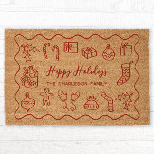 Modern Scribble Doodle Personalized Christmas Fiber Doormat