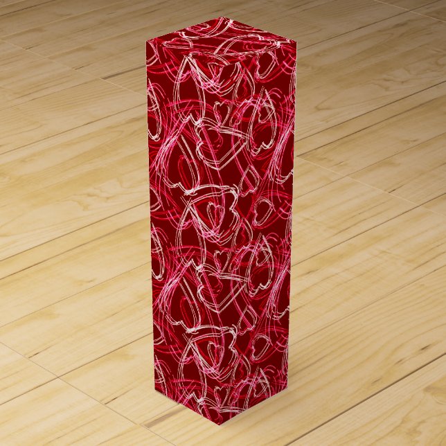 Modern Scribble Heart Pattern Romantic Ruby Red Wine Box (Front)