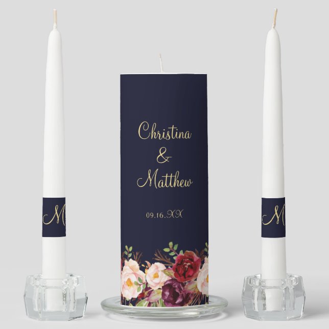 Modern Scrip Navy Blue Burgundy Floral Wedding Unity Candle Set (Front)