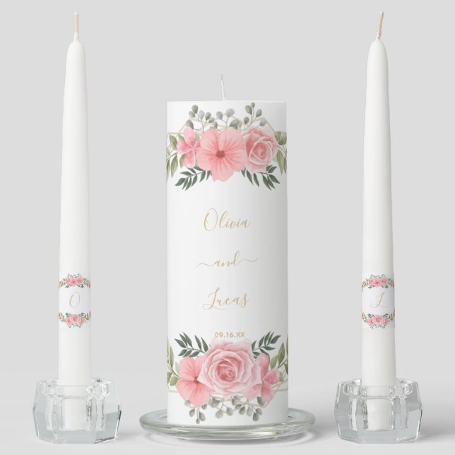 Modern Scrip Navy  Burgundy Floral Wedding  Unity  Candle Set (Front)