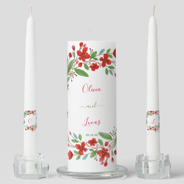 Modern Scrip Navy  Burgundy Floral Wedding  Unity  Candle Set (Front)