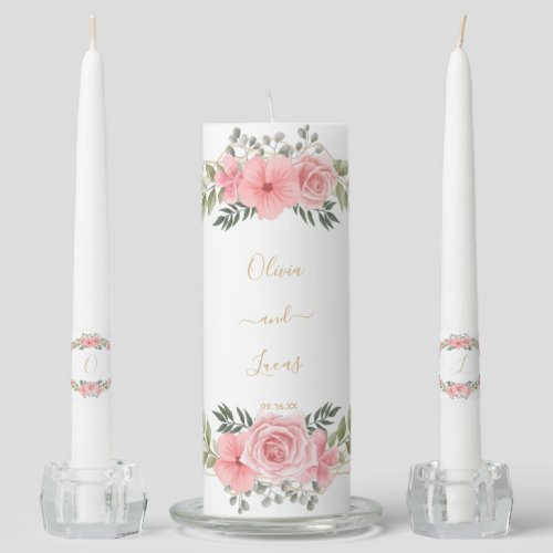 Modern Scrip Navy  Burgundy Floral Wedding  Unity  Unity Candle Set