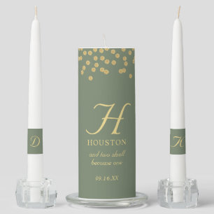 Modern Scrip Olive Green Gold Confetti Wedding Unity Candle Set