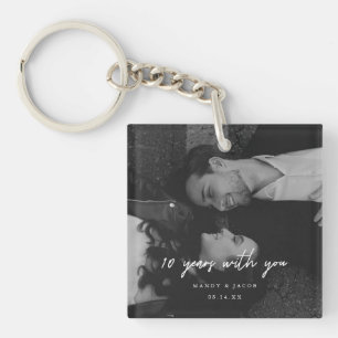 Modern Script 10-Year Anniversary Wedding Photo Keychain