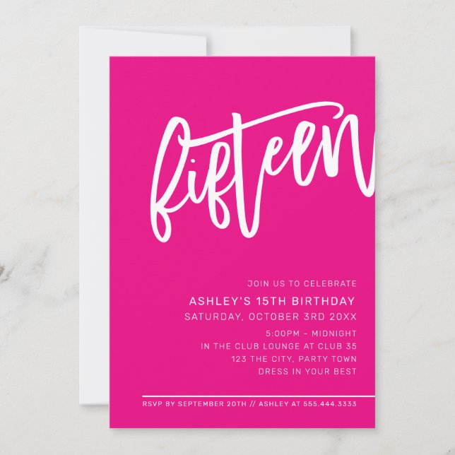 MODERN SCRIPT 15th birthday party hot pink white Invitation (Front)