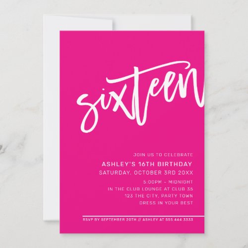 MODERN SCRIPT 16th birthday party hot pink white Invitation