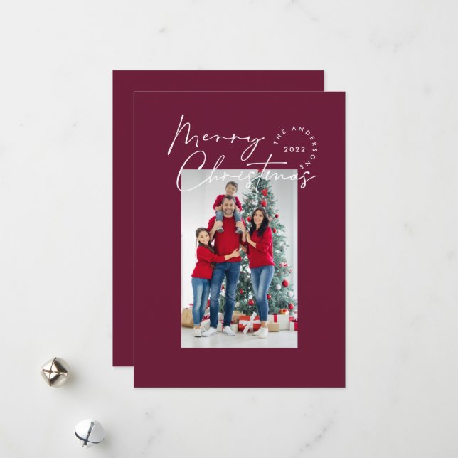 Modern script 1 photo burgundy Merry Christmas Holiday Card (Front/Back In Situ)