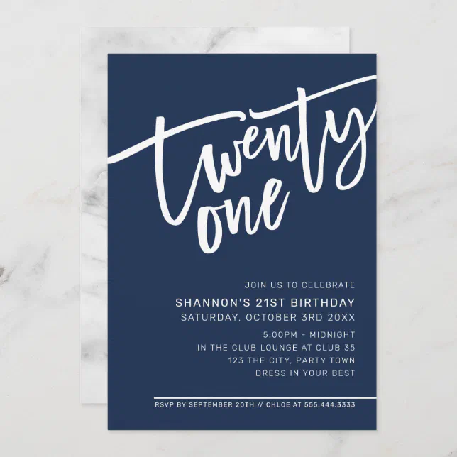 MODERN SCRIPT 21st birthday party dark navy blue Invitation | Zazzle