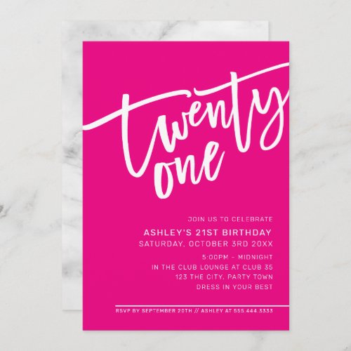 MODERN SCRIPT 21st birthday party hot pink white Invitation