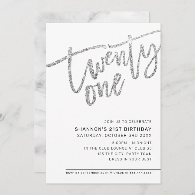 MODERN SCRIPT 21st birthday party silver glitter Invitation (Front/Back)