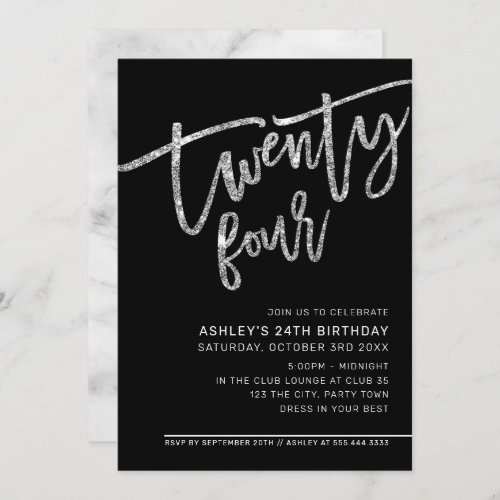 MODERN SCRIPT 24th birthday black silver glitter Invitation