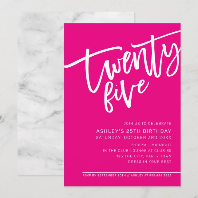 MODERN SCRIPT 25th birthday party hot pink white Invitation (Front/Back)