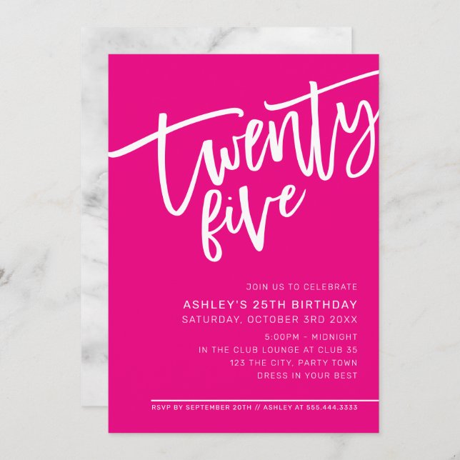 MODERN SCRIPT 25th birthday party hot pink white Invitation (Front/Back)