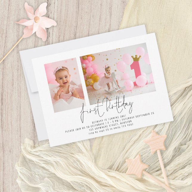 Modern Script 2 Photo First Birthday Party Invitation (Creator Uploaded)