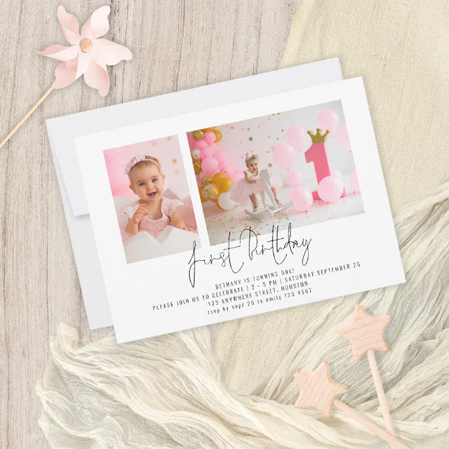 Modern Script 2 Photo First Birthday Party Invitation | Zazzle