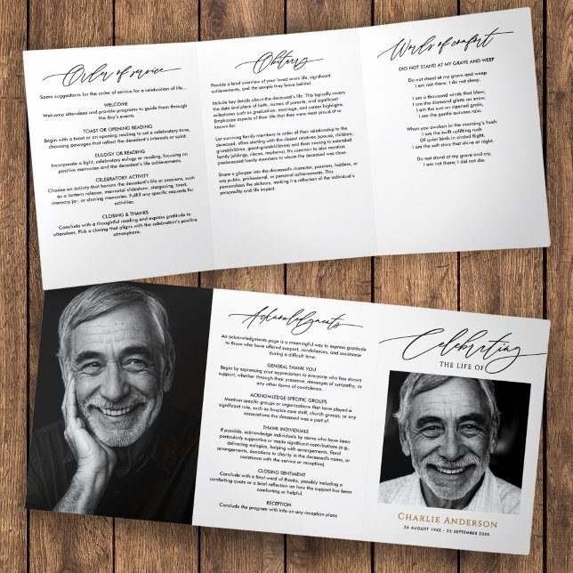 Modern Script 2-Photo Funeral/Memorial Tri-Fold Program (Creator Uploaded)