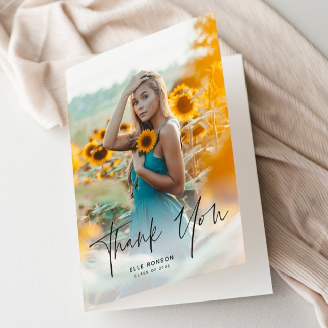 Modern Script 2 Photo Graduation Letterpress Thank You Card (Modern script photo graduation thank you cards.)