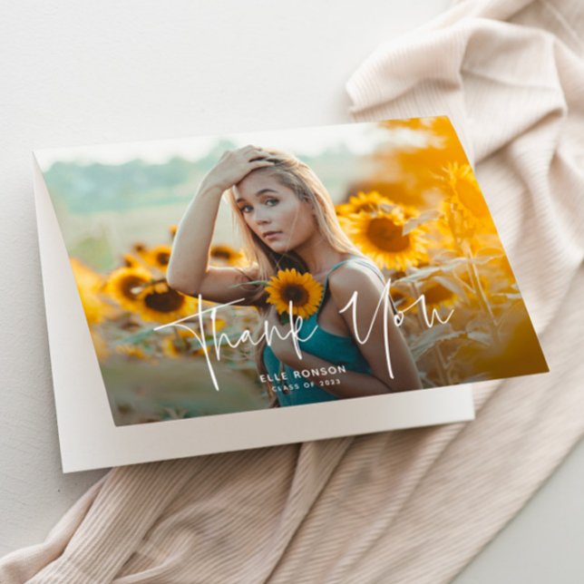 Modern Script 2 Photo Graduation Thank You Card (Modern script photo graduation thank you cards.)