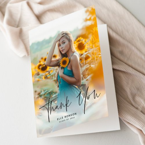 Modern Script 2 Photo Graduation Thank You Card