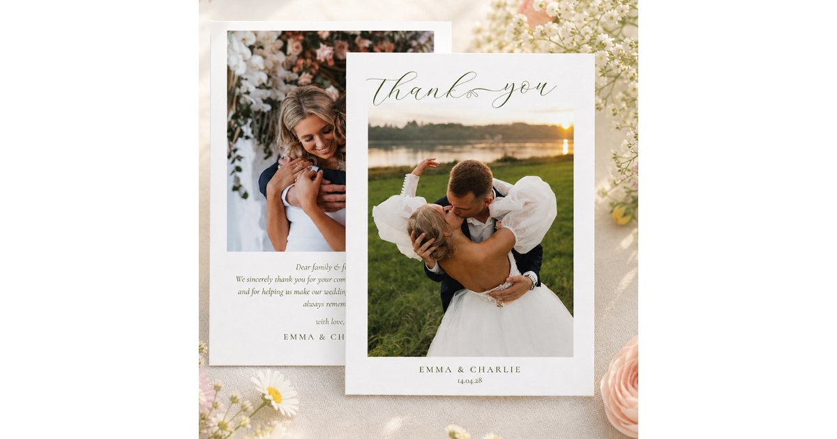 Modern Script 2 Photo Thank you Heart Wedding Card | Zazzle