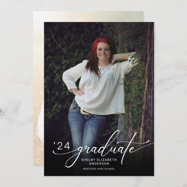 Modern Script 2 Photo Vertical Graduation Invitation (Front/Back)