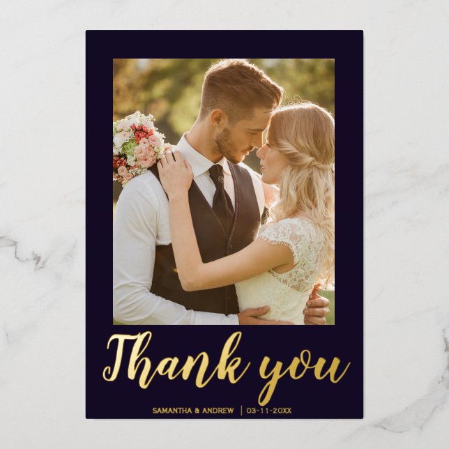 Modern script 2 photo wedding thank you card (Front)