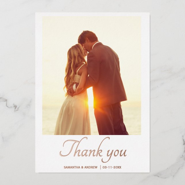Modern script 2 photo wedding thank you card (Front)