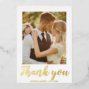 Modern script 2 photo wedding thank you card