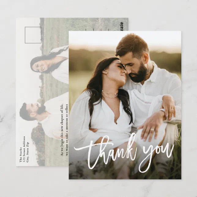 Modern Script 2 Photo Wedding Thank You Postcard | Zazzle