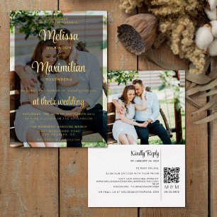 Modern script 2 photos black QR Code online RSVP Foil Invitation