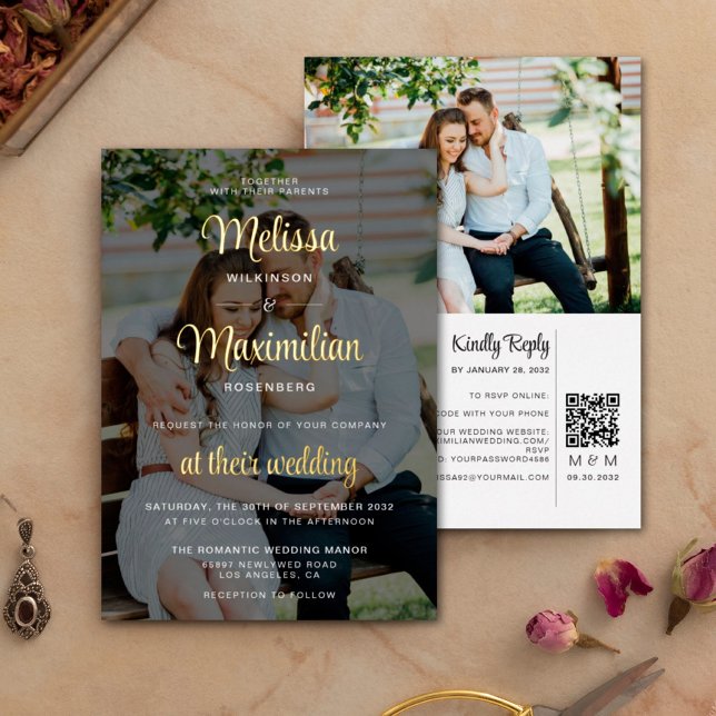 Modern script 2 photos black QR Code online RSVP Foil Invitation (Creator Uploaded)