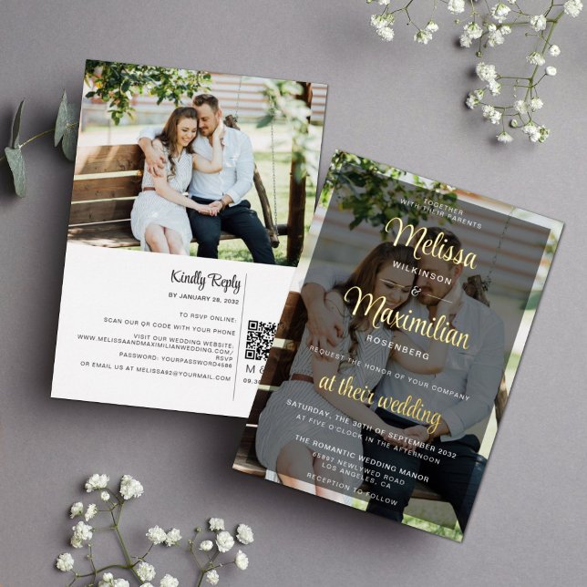 Modern script 2 photos black with online RSVP gold Foil Invitation (Creator Uploaded)