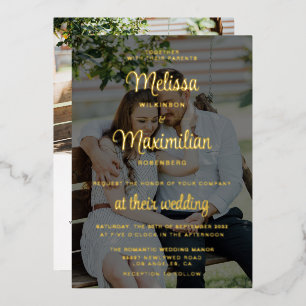 Modern script 2 photos black with online RSVP gold Foil Invitation