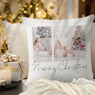 Modern Script 2 Photos Merry Christmas Throw Pillow