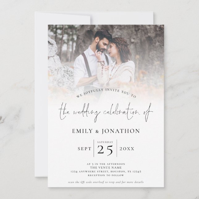 Modern Script 2 Photos Overlay QR Code Wedding  Invitation (Front)