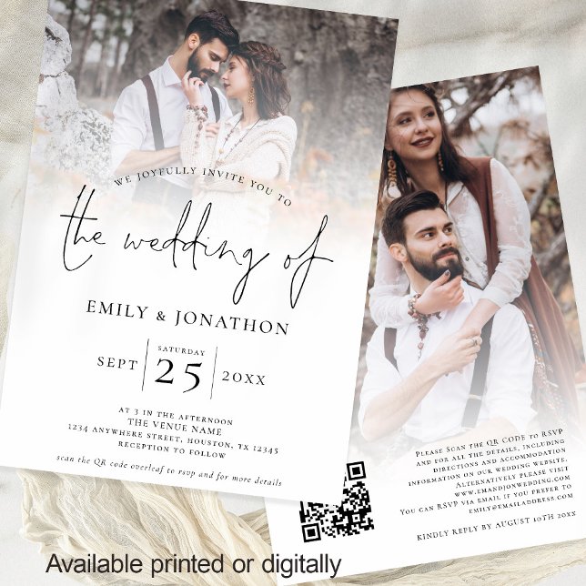 Modern Script 2 Photos Overlay QR Code Wedding  Invitation (Front and back view modern 2 Photo Overlay wedding invitation auto generated QR code to your website)