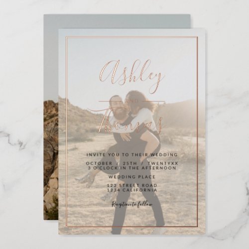 Modern script 2 photos wedding geometric frame foil invitation