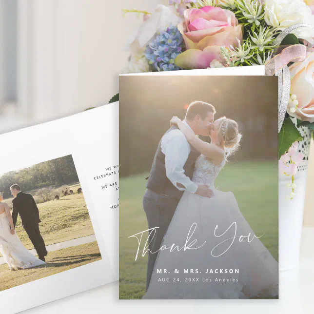 Modern script 2 photos wedding thank you card | Zazzle