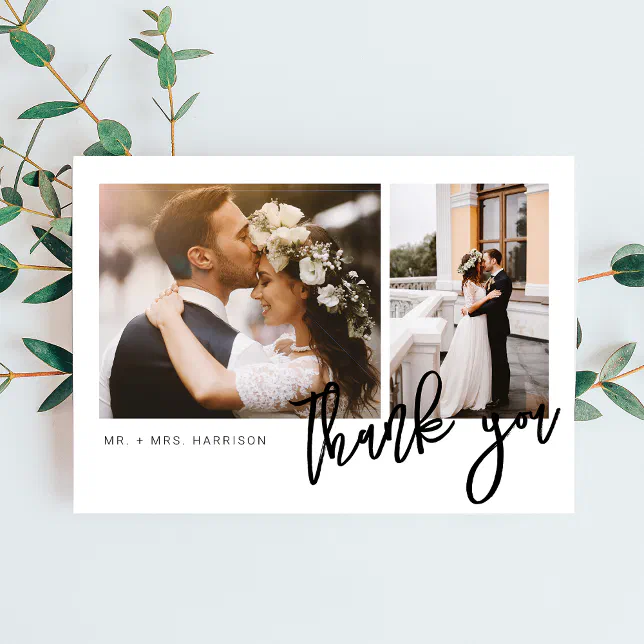 Modern Script 2 Photos Wedding Thank You Card | Zazzle