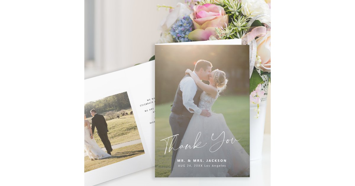 Modern script 2 photos wedding thank you card | Zazzle