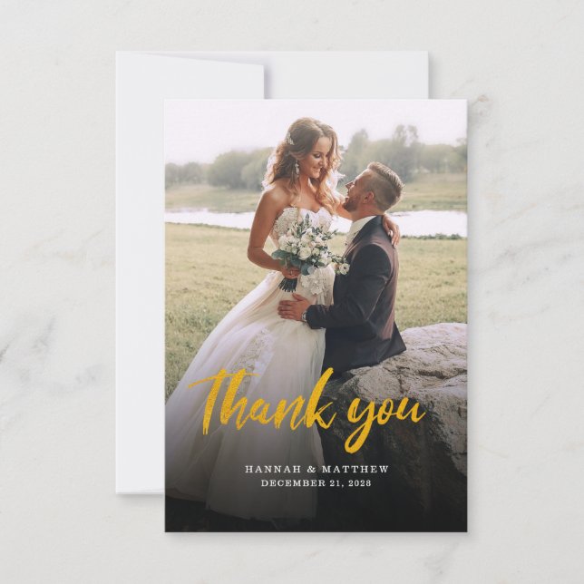 Modern Script 2 Photos Wedding Thank You Card (Front)