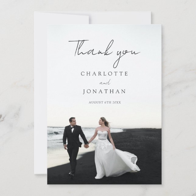 Modern Script 2 Photos Wedding Thank You Card (Front)