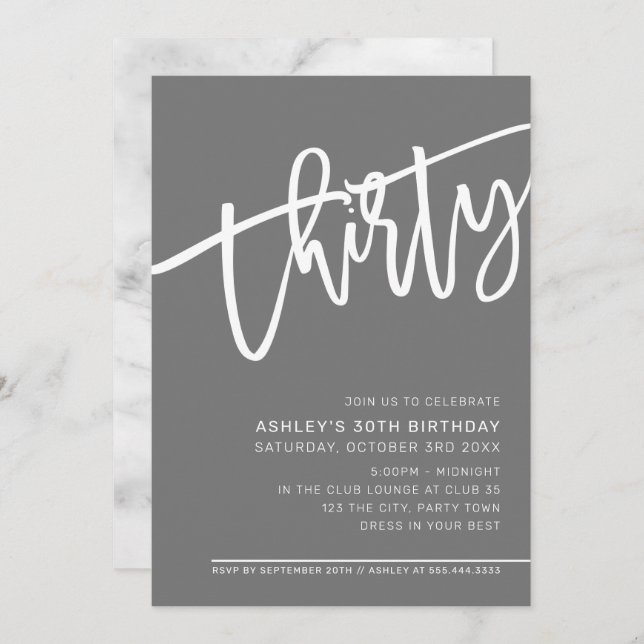 MODERN SCRIPT 30th birthday party gray grey white Invitation (Front/Back)