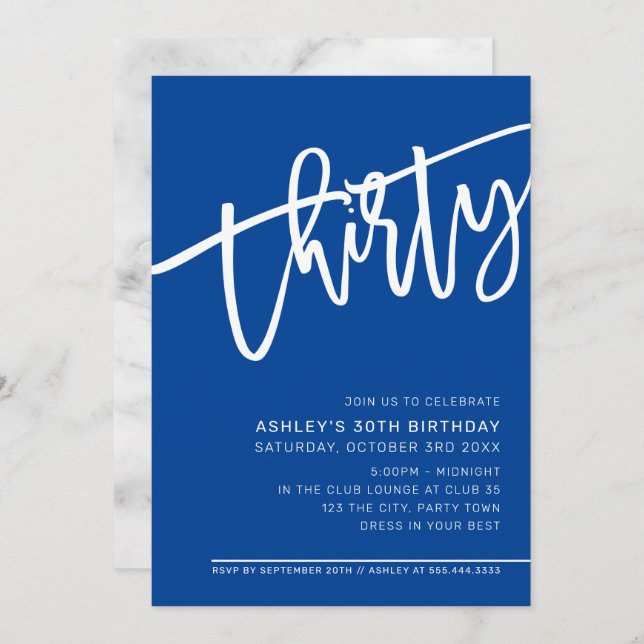 MODERN SCRIPT 30th birthday party royal blue white Invitation (Front/Back)