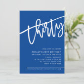 MODERN SCRIPT 30th birthday party royal blue white Invitation (Standing Front)