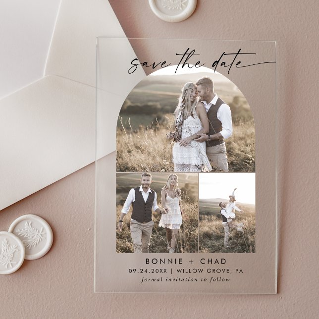 Modern Script 3 Photo Arch Wedding Save The Date Acrylic Invitations (Modern Script 3 Photo Arch Wedding Save The Date Acrylic Invitations)