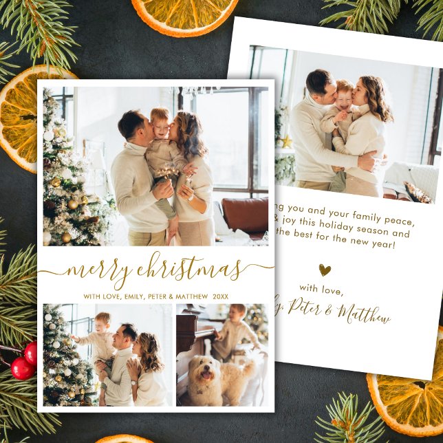 Modern Script 3 Photo Collage Gold White Christmas Holiday Card (Creator Uploaded)