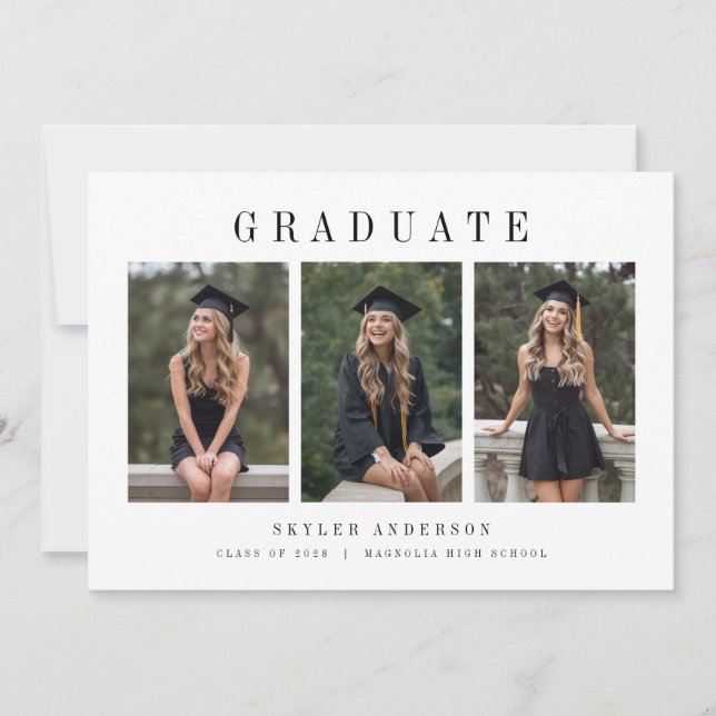 Modern Script 3 Photo Collage Graduation  Invitation (Front)